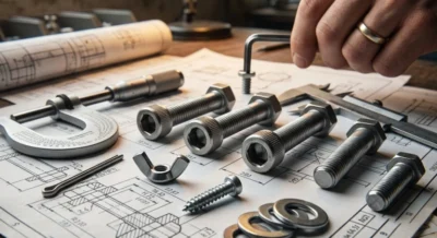 Diversos parafusos, porcas e arruelas de alta qualidade sobre uma planta de engenharia industrial