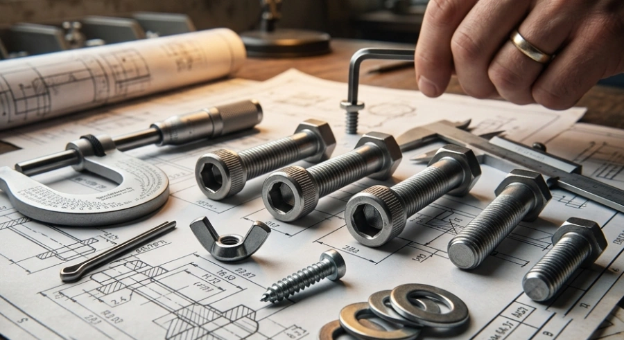 Diversos parafusos, porcas e arruelas de alta qualidade sobre uma planta de engenharia industrial